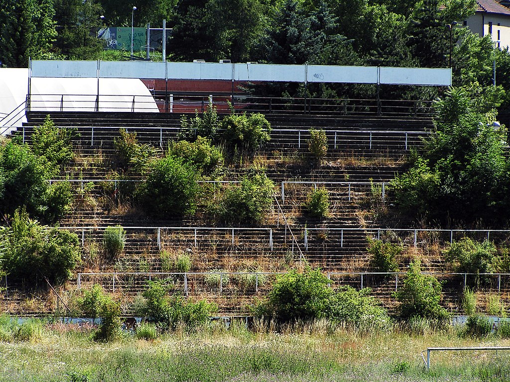 A picture of Stadion Za Lužánkami, formerly the 50,000 capacity home ground of Zbrojovka Brno, and now an overgrown jungle.