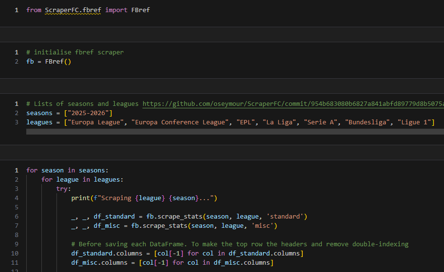 Code snippet showing the ScraperFc package in use.