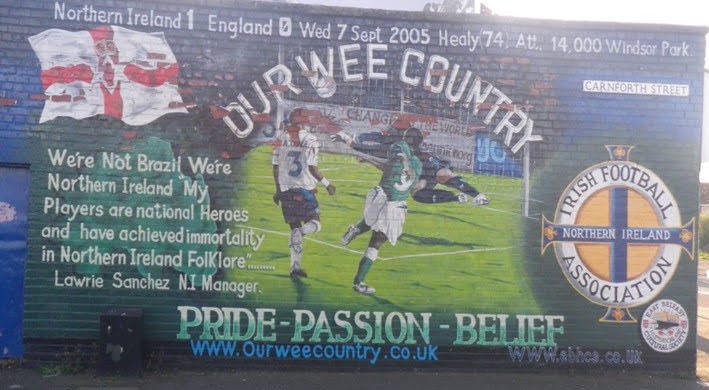 Our Wee Country football mural in Belfast celebrating Northern Ireland&#039;s victory against England.